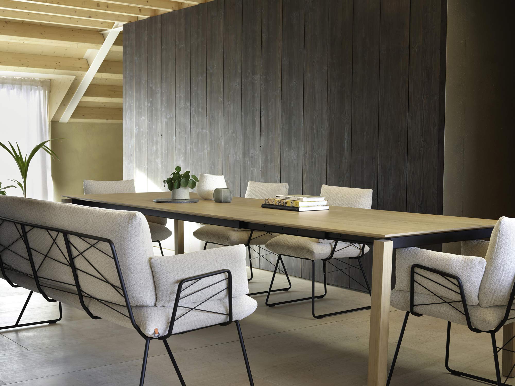 Modernes Esszimmer mit einem ausziehbaren Tisch aus hellem Holz, sechs gepolsterten Stühlen, einer Bank und einer minimalistischen Einrichtung mit kleinen Pflanzen und Büchern. Der Raum verfügt über eine Holzdecke, ein großes Fenster und eine Akzentwand aus dunklem Holz.