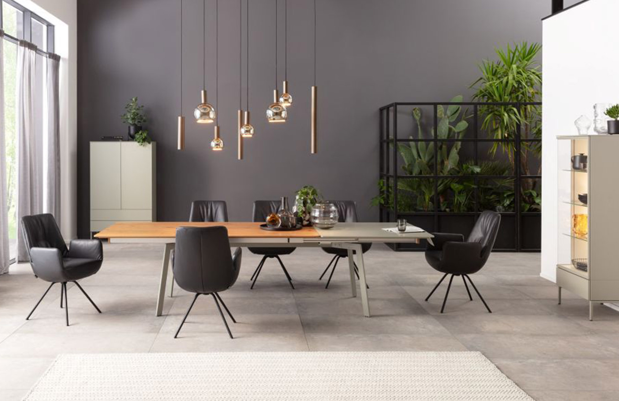Modernes Esszimmer mit einem großen ausziehbaren Tisch, schwarzen Stühlen, Pendelleuchten, grauen Wänden, Zimmerpflanzen und einer Glasvitrine. Durch die großen Fenster strömt Sonnenlicht herein und schafft einen hellen und einladenden Raum.